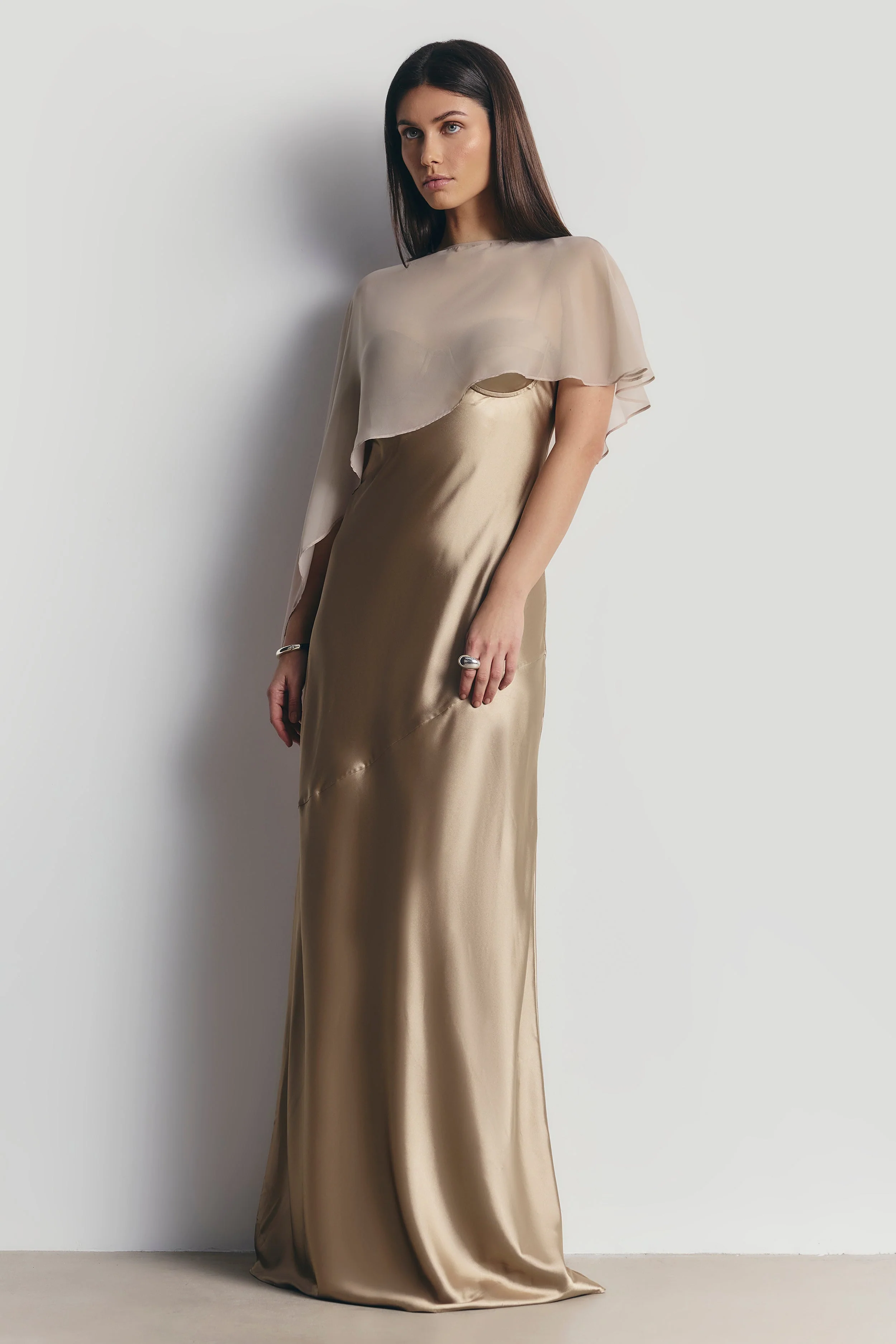 Sheer Chiffon Asymmetric Cape - Champagne - Image 4
