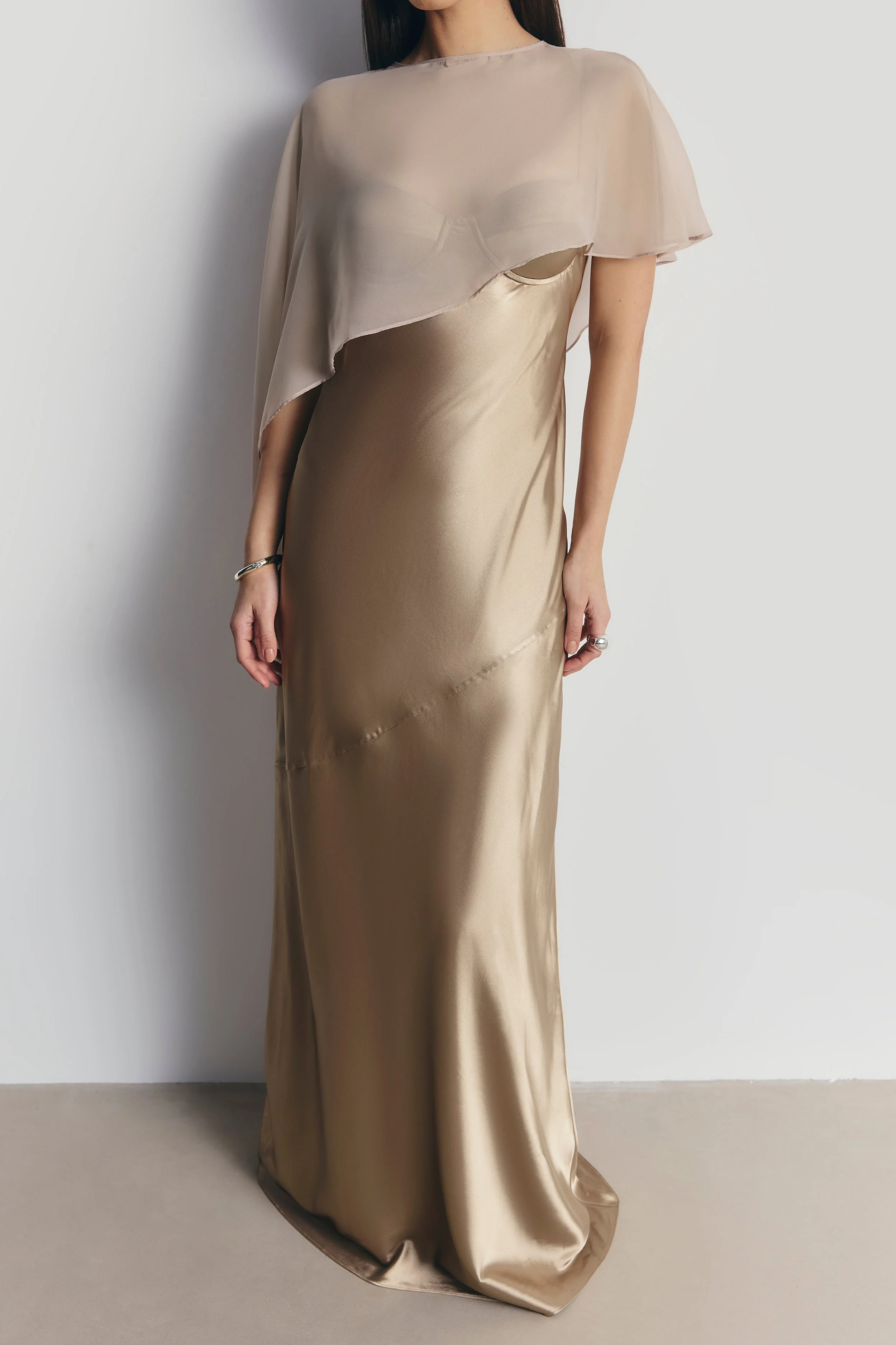 Sheer Chiffon Asymmetric Cape - Champagne - Image 5