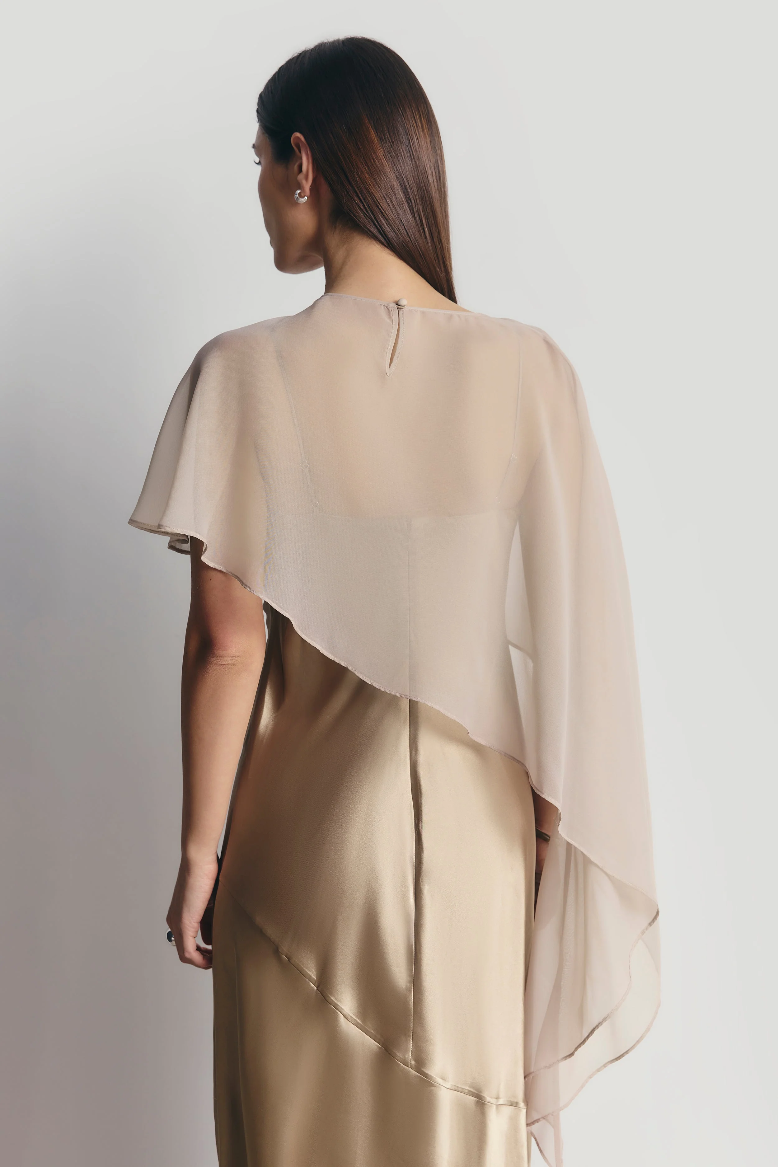 Sheer Chiffon Asymmetric Cape - Champagne - Image 6