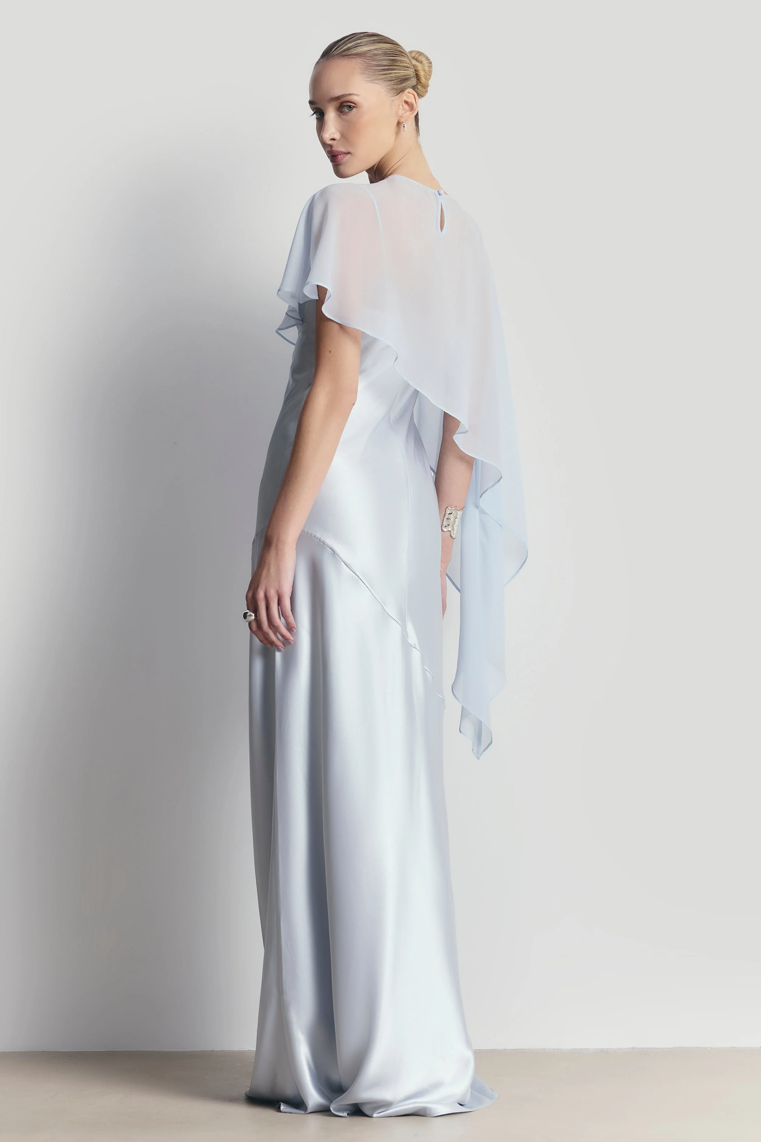 Sheer Chiffon Asymmetric Cape - Powder Blue - Image 3