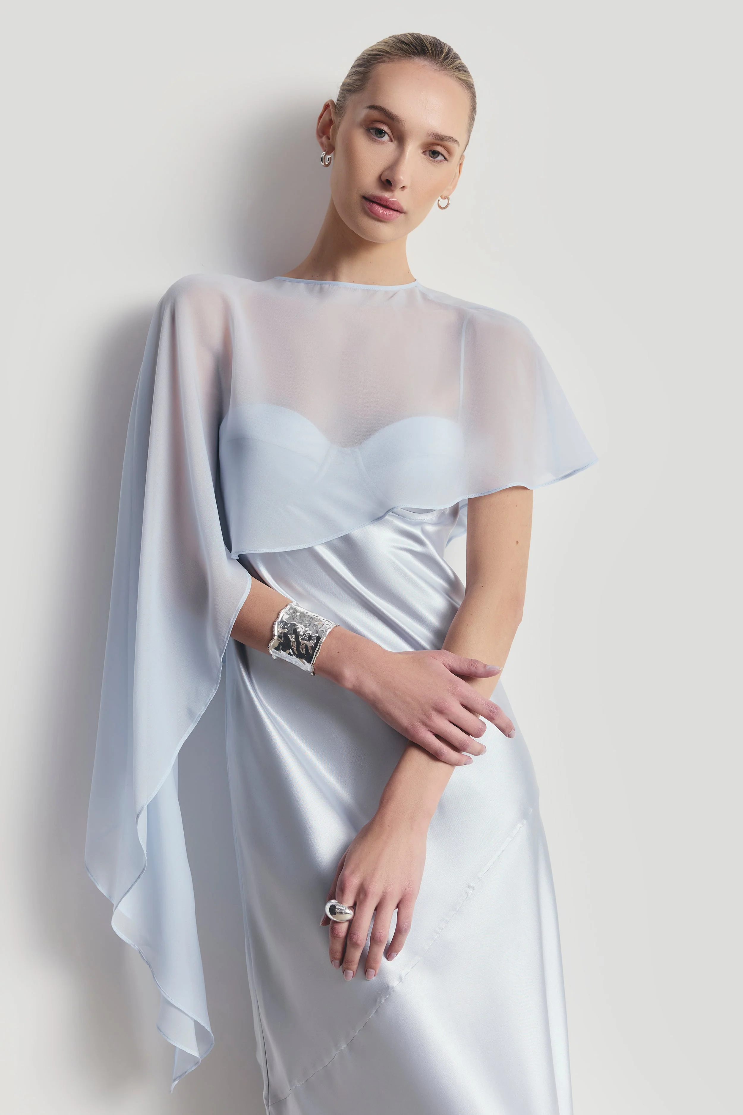 Sheer Chiffon Asymmetric Cape - Powder Blue - Image 4