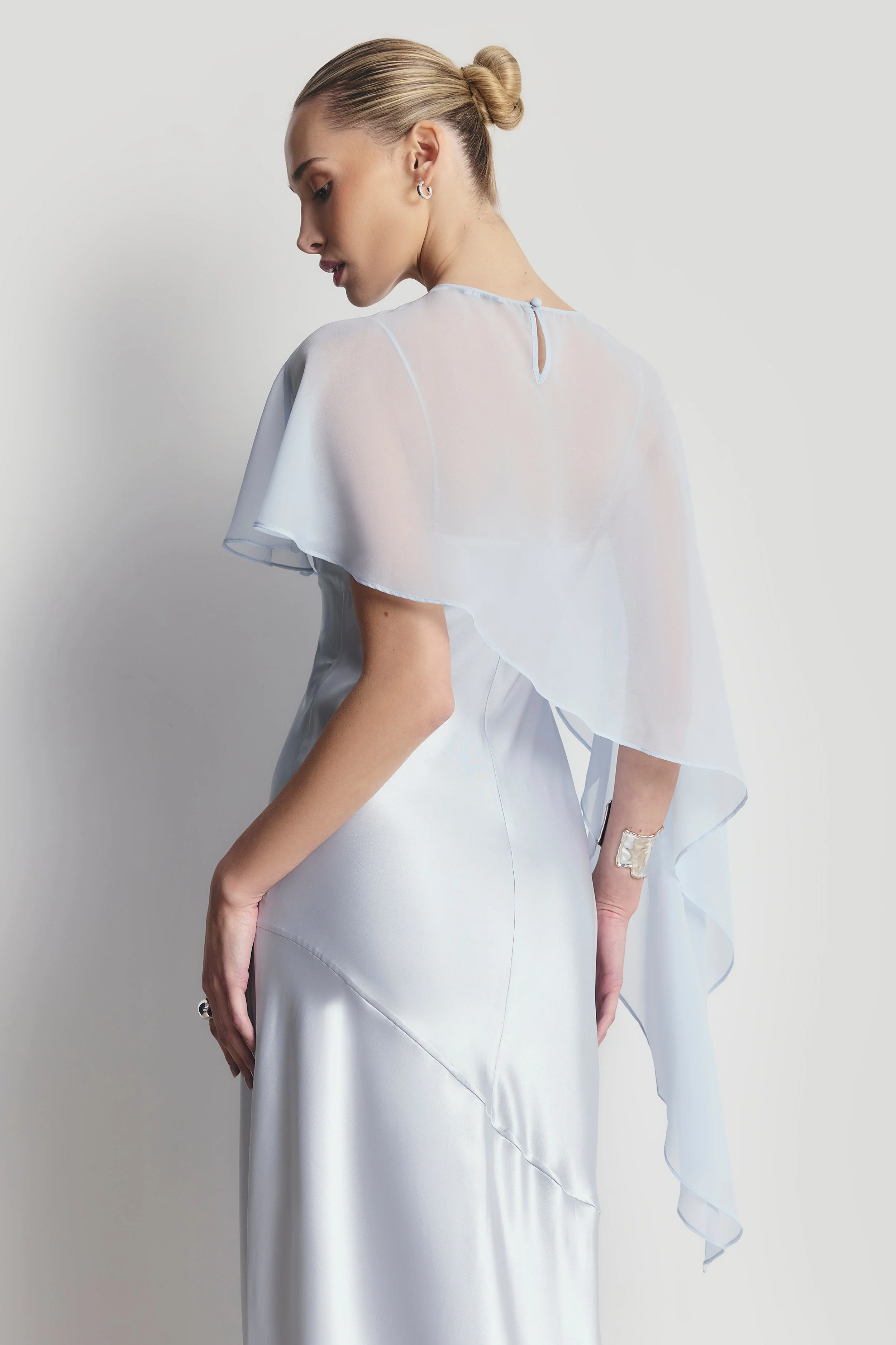 Sheer Chiffon Asymmetric Cape - Powder Blue - Image 5