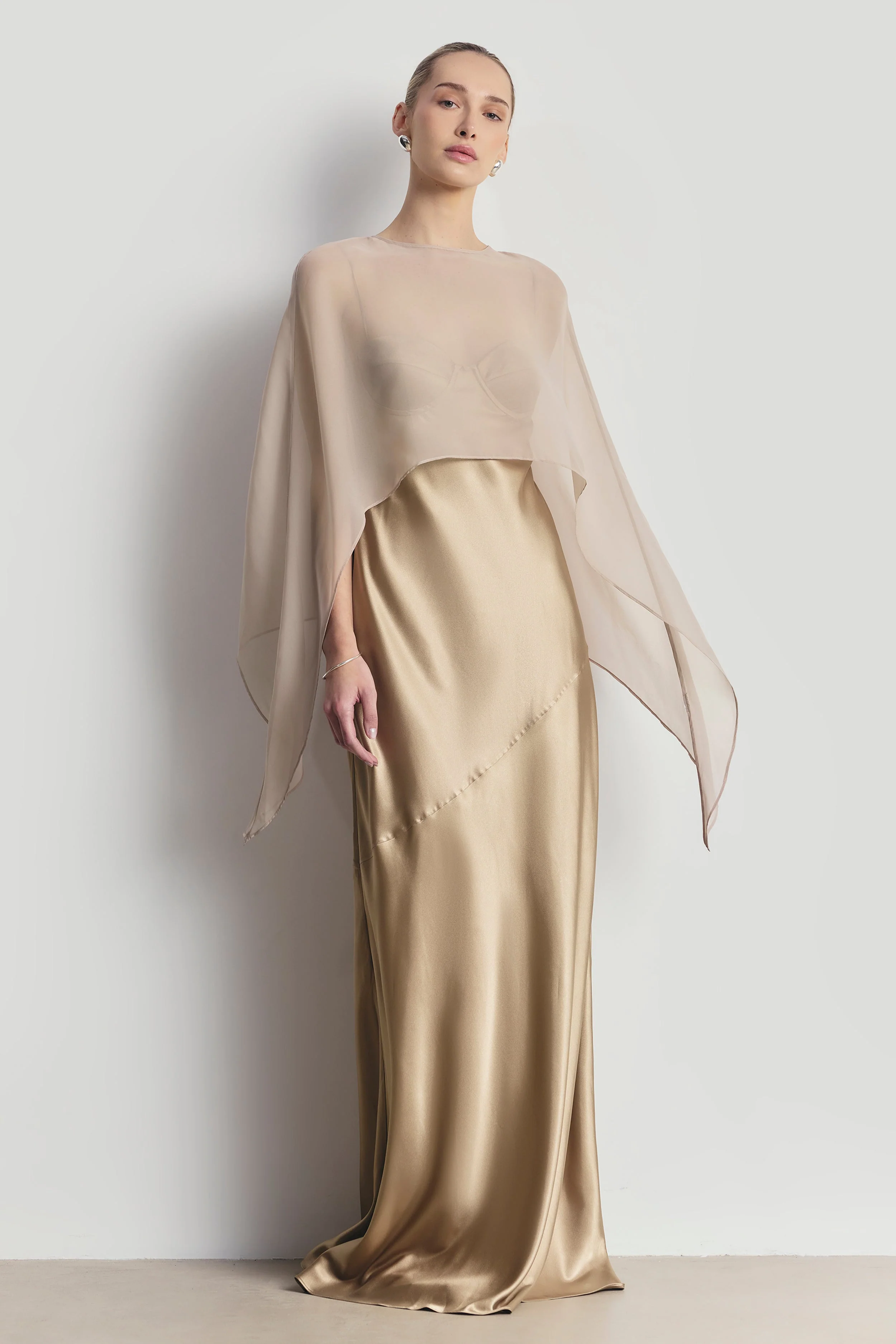 Sheer Chiffon Curved Hem Cape - Champagne - Image 3