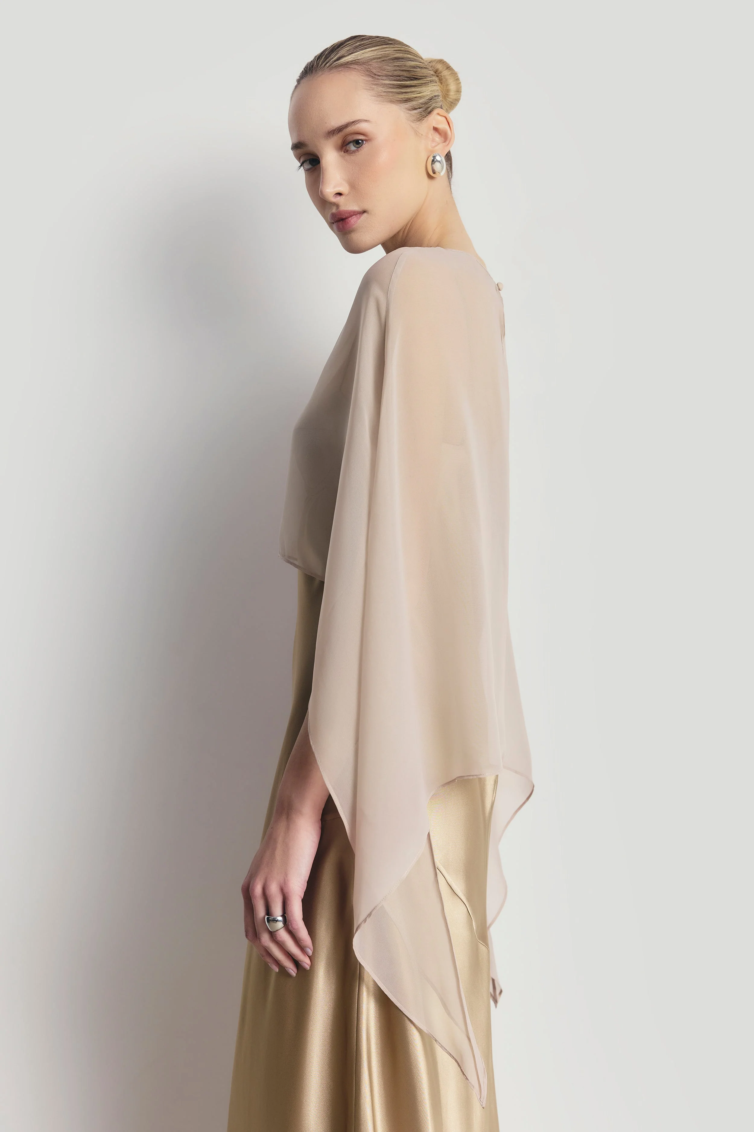 Sheer Chiffon Curved Hem Cape - Champagne - Image 5