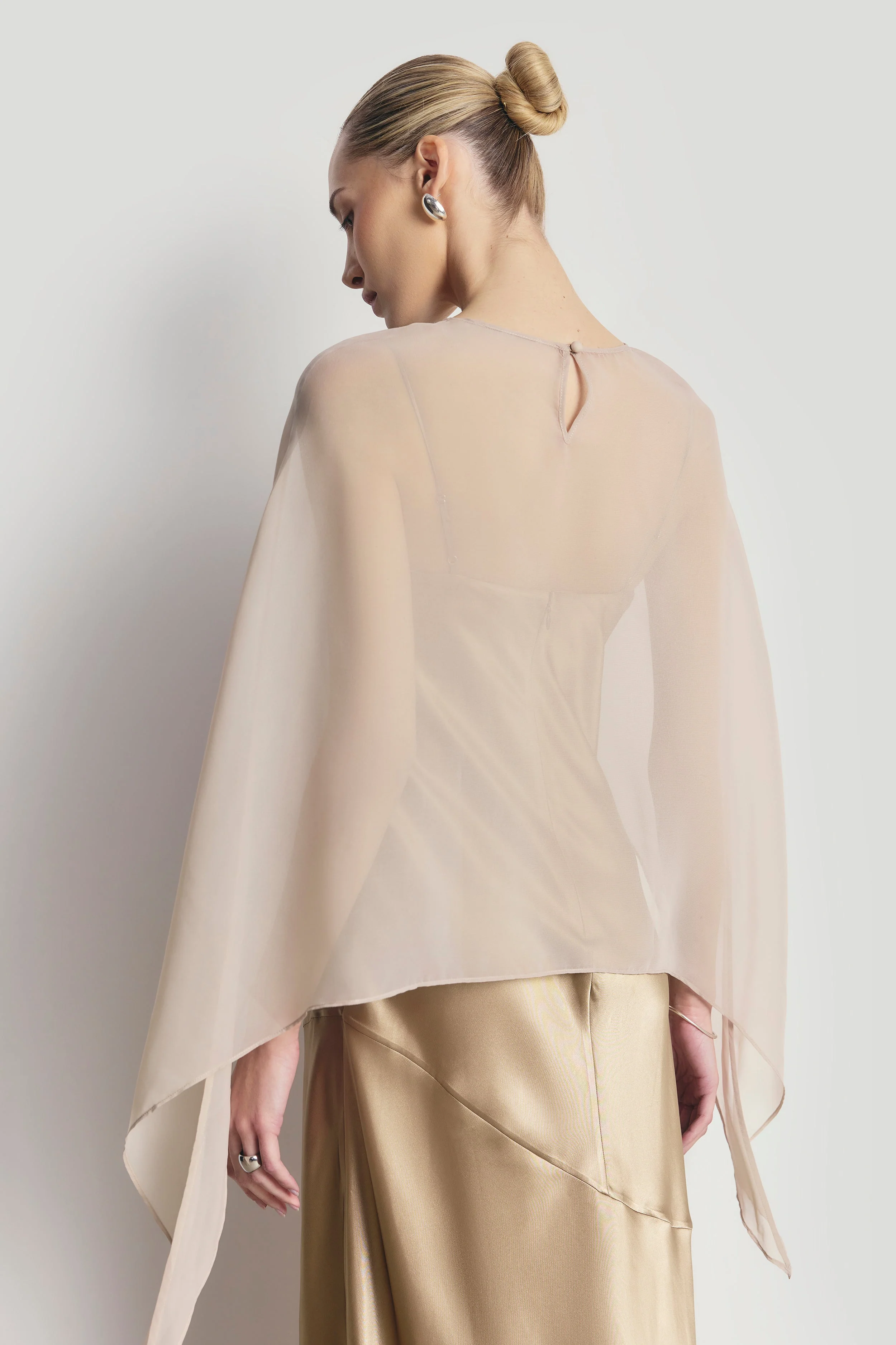 Sheer Chiffon Curved Hem Cape - Champagne - Image 6