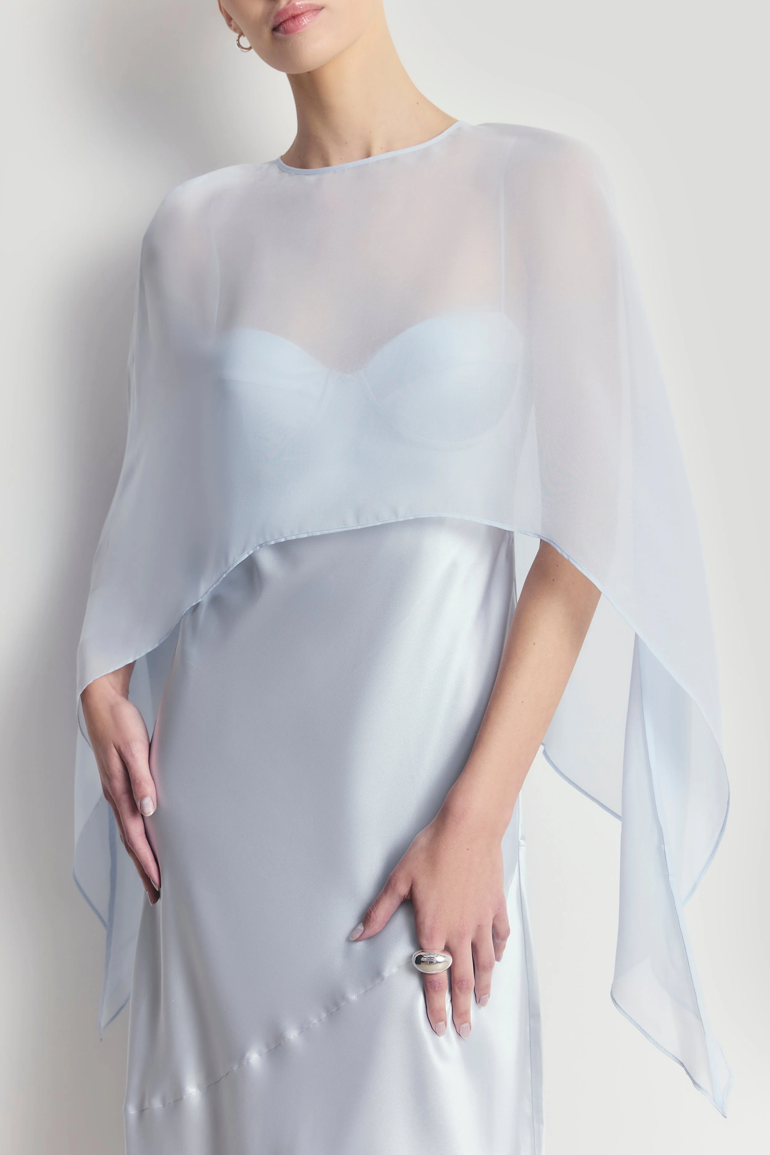 Sheer Chiffon Curved Hem Cape - Powder Blue - Image 3