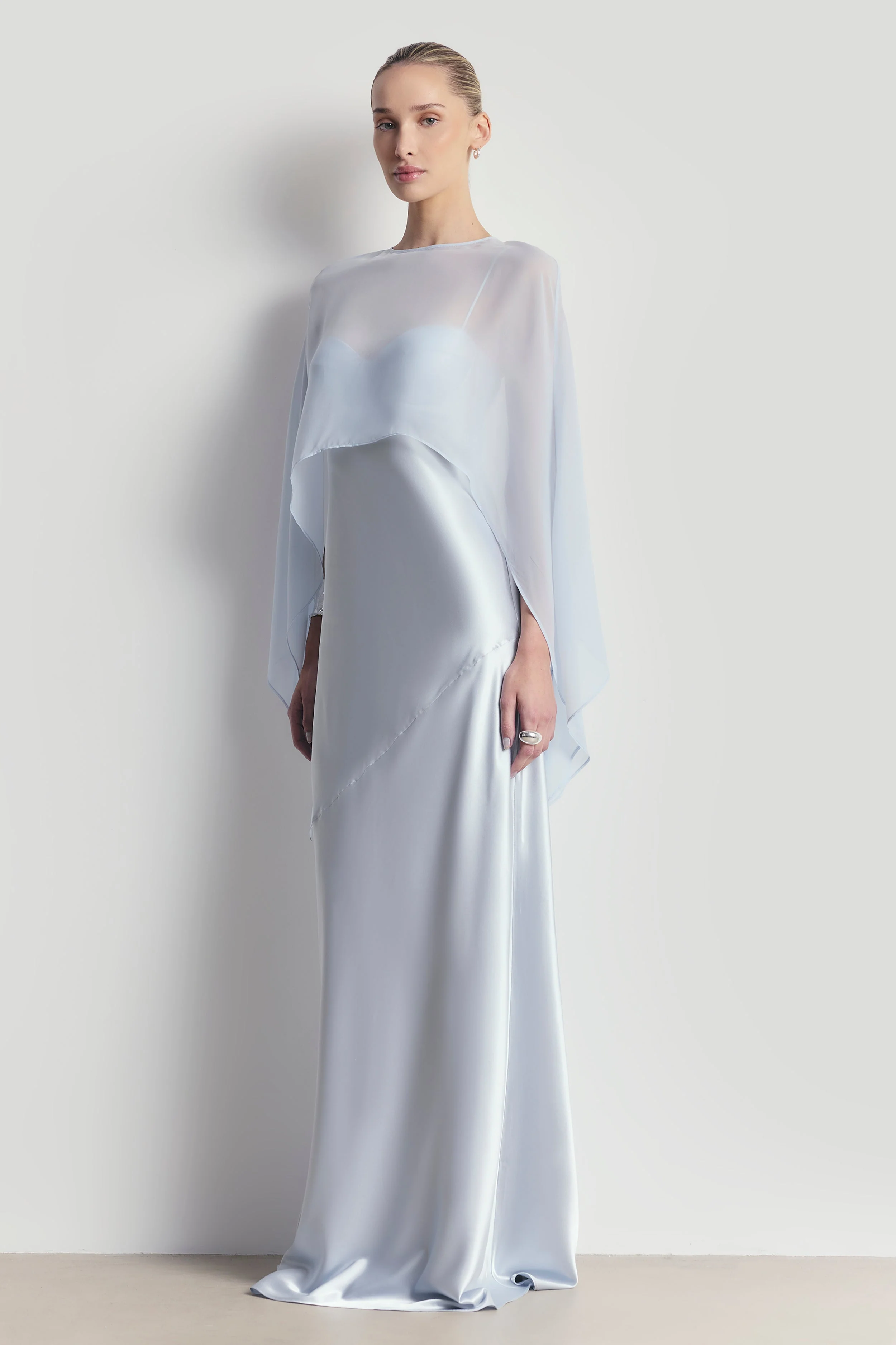 Sheer Chiffon Curved Hem Cape - Powder Blue - Image 4