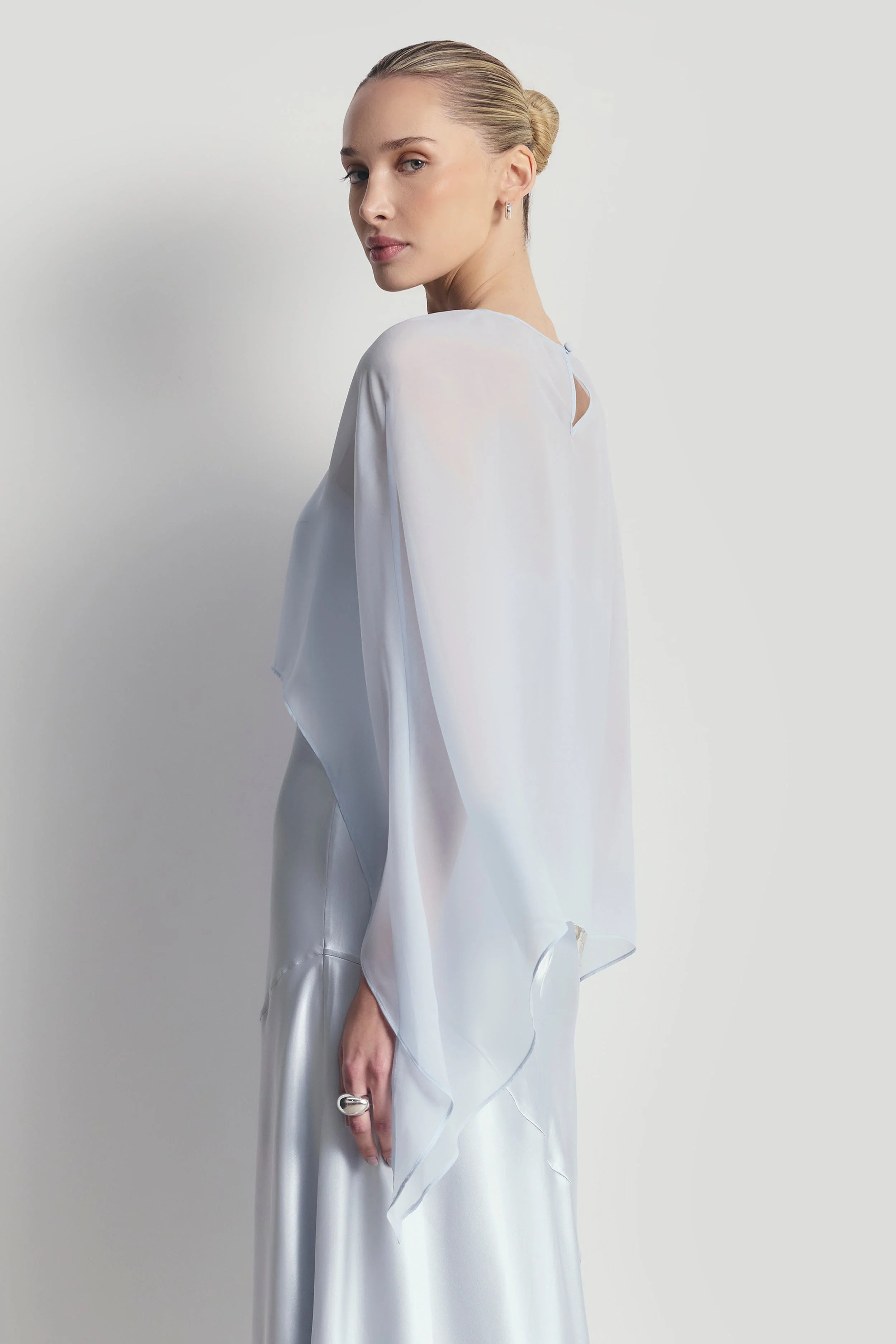Sheer Chiffon Curved Hem Cape - Powder Blue - Image 5