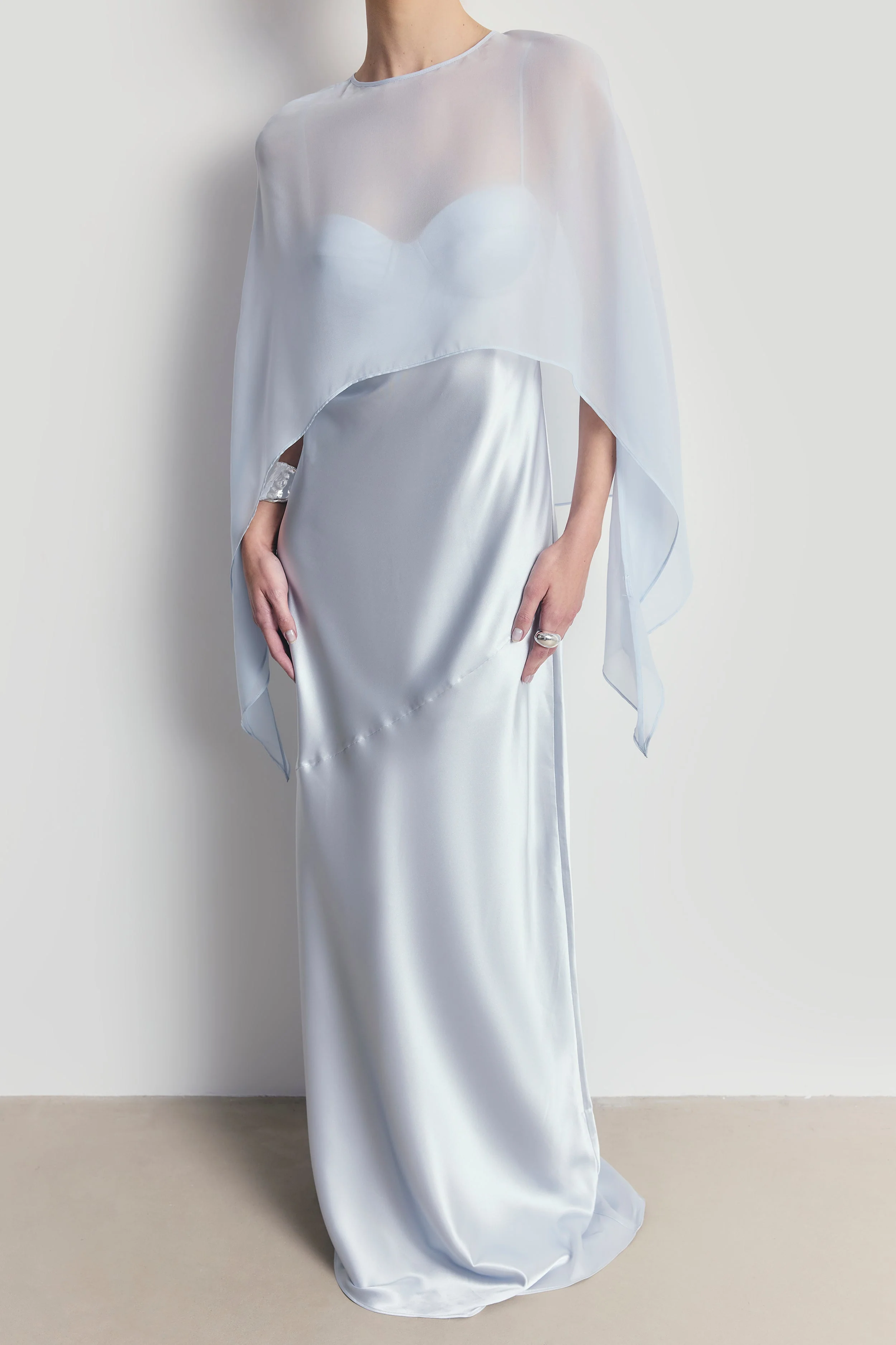 Sheer Chiffon Curved Hem Cape - Powder Blue - Image 6