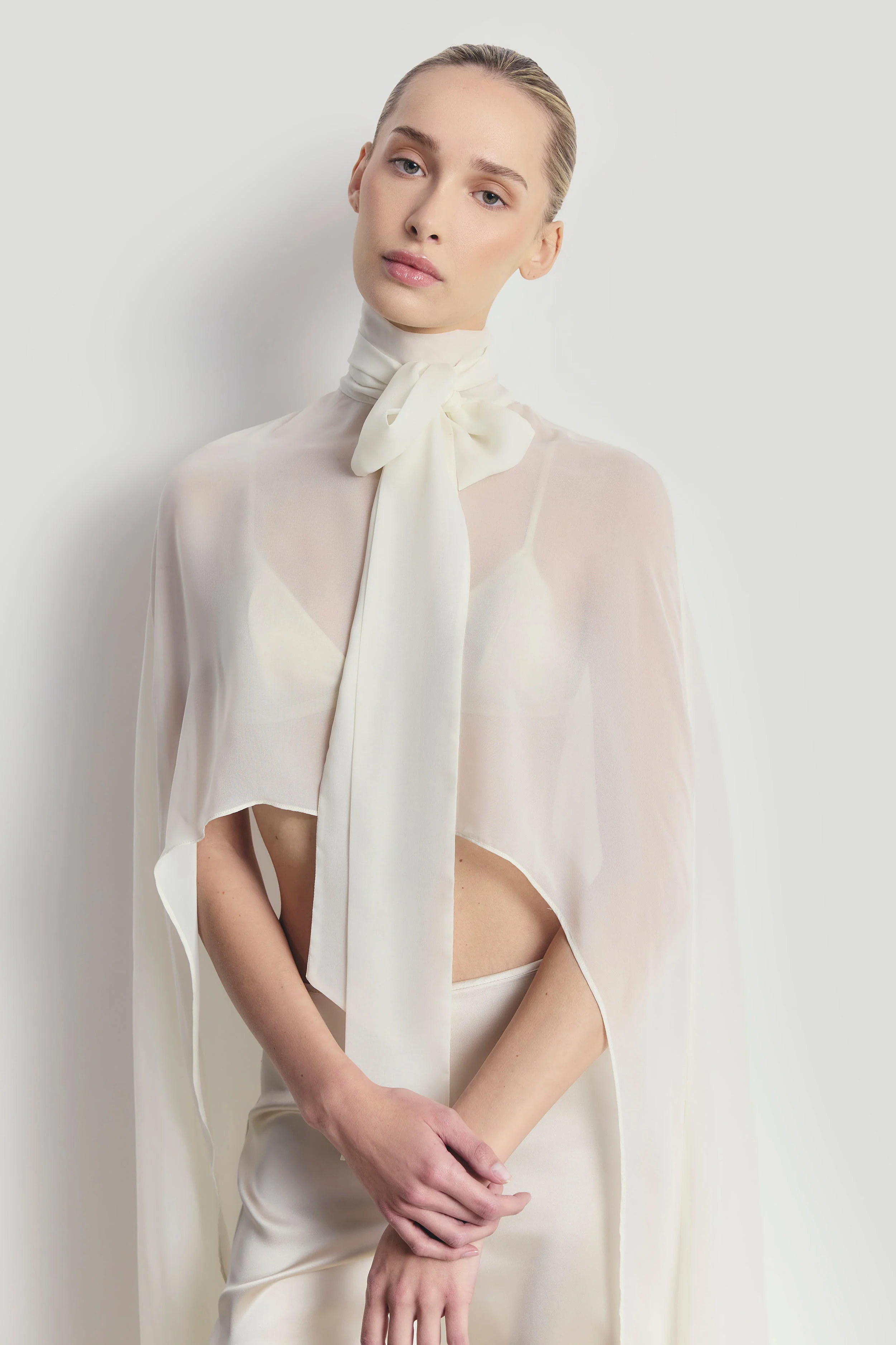 Sheer Chiffon High Neck Cape - Cream - Image 3