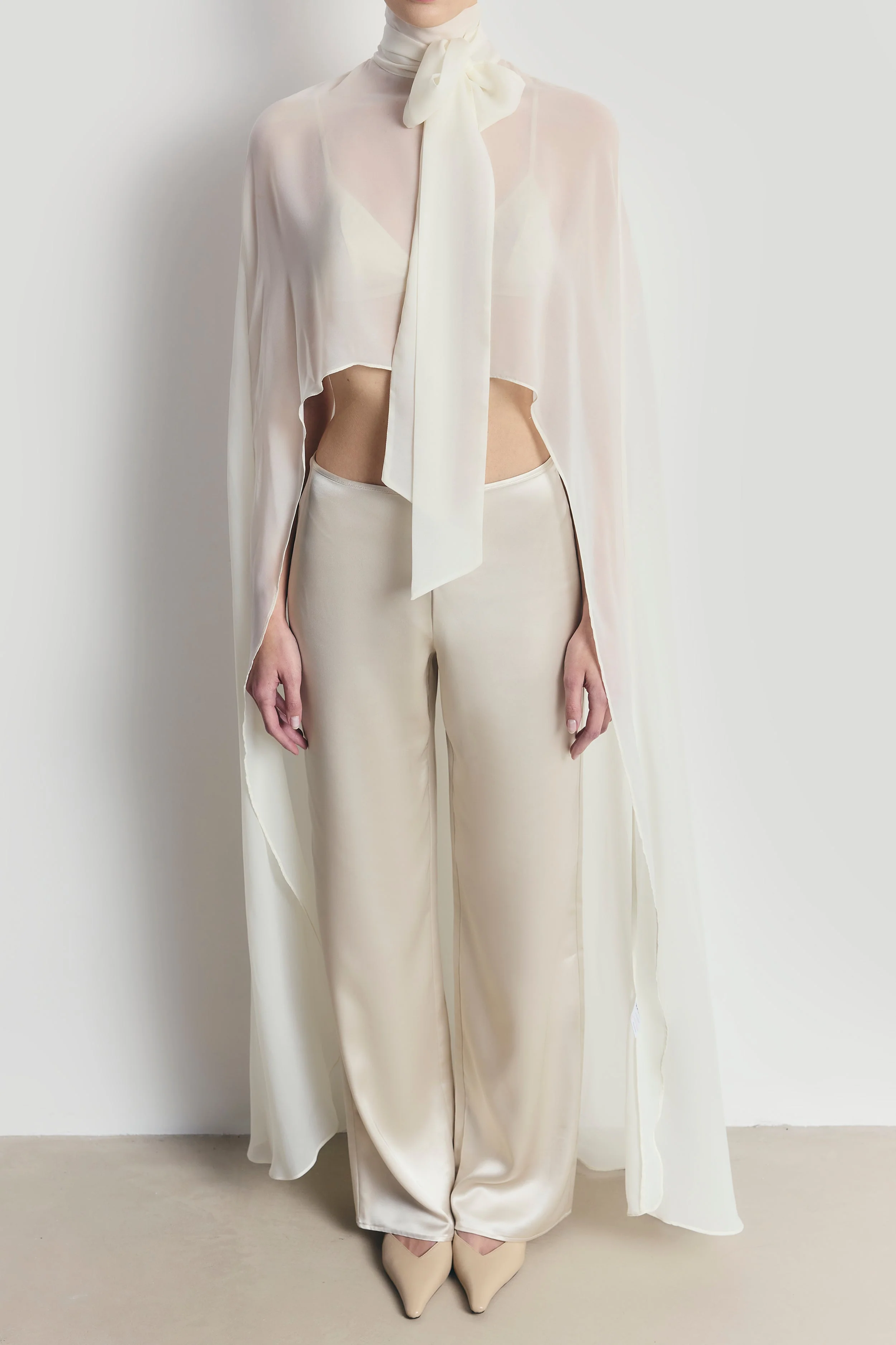 Sheer Chiffon High Neck Cape - Cream - Image 6