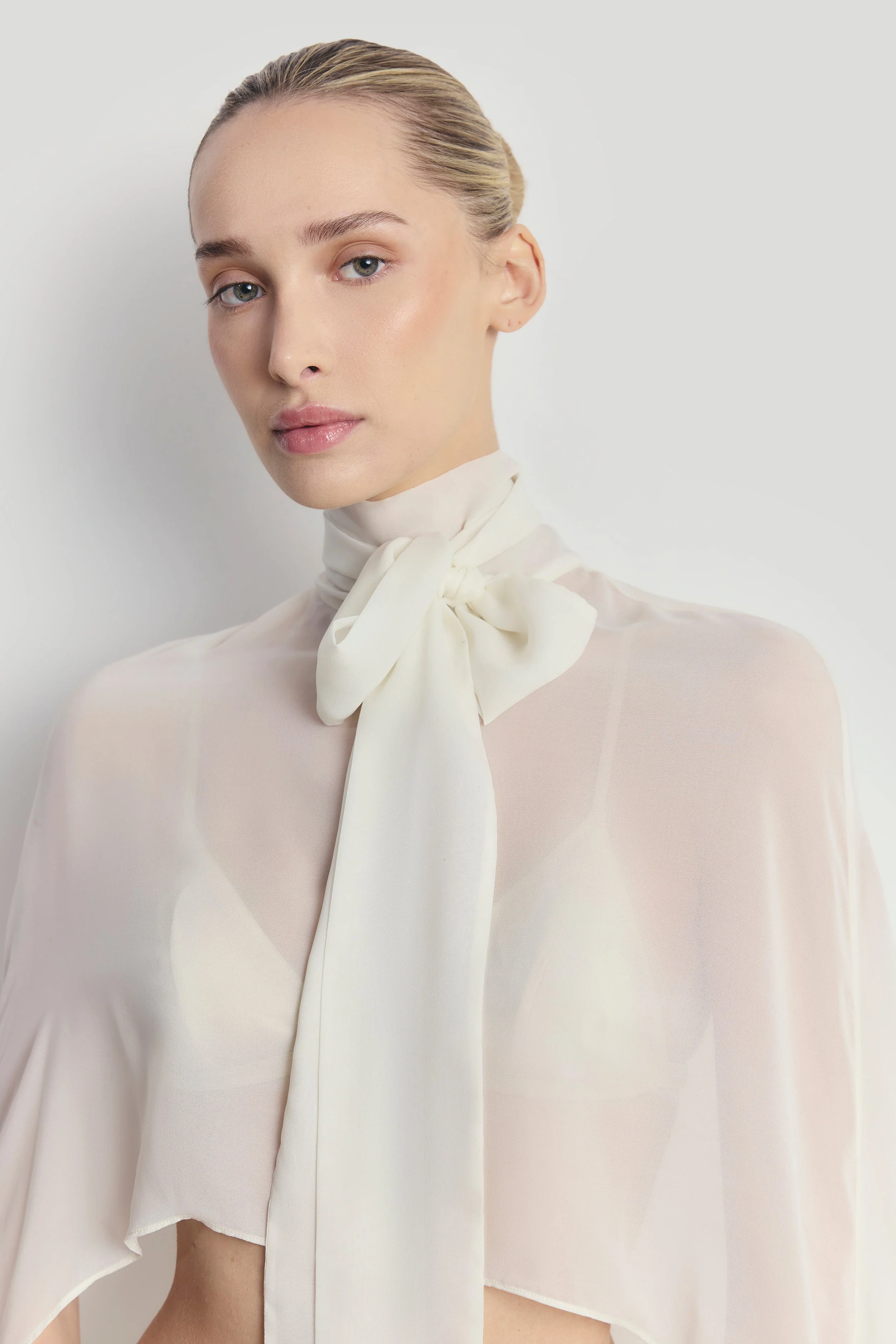 Sheer Chiffon High Neck Cape - Cream - Image 7
