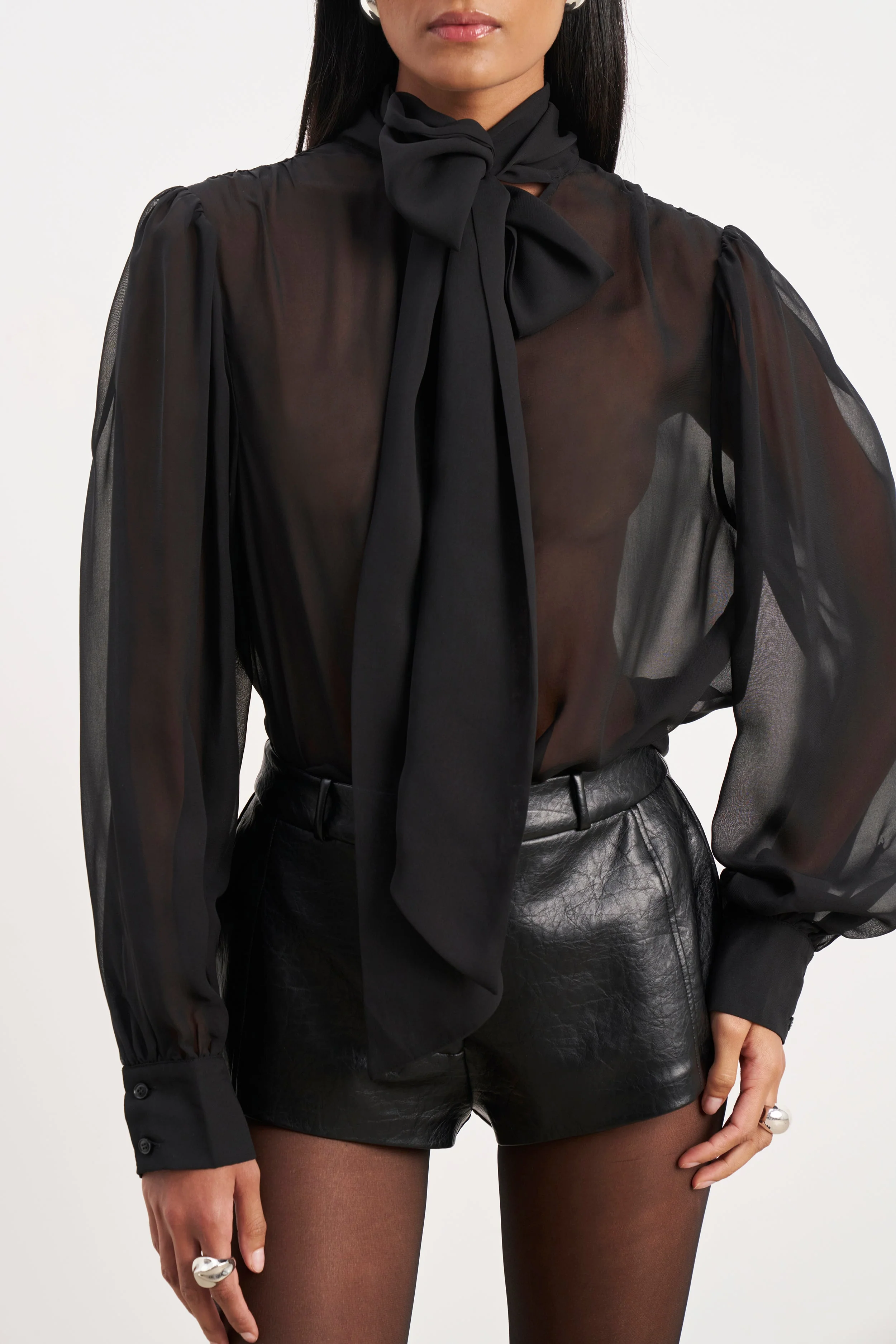Sheer Chiffon Tie Neck Blouse - Black - Image 3