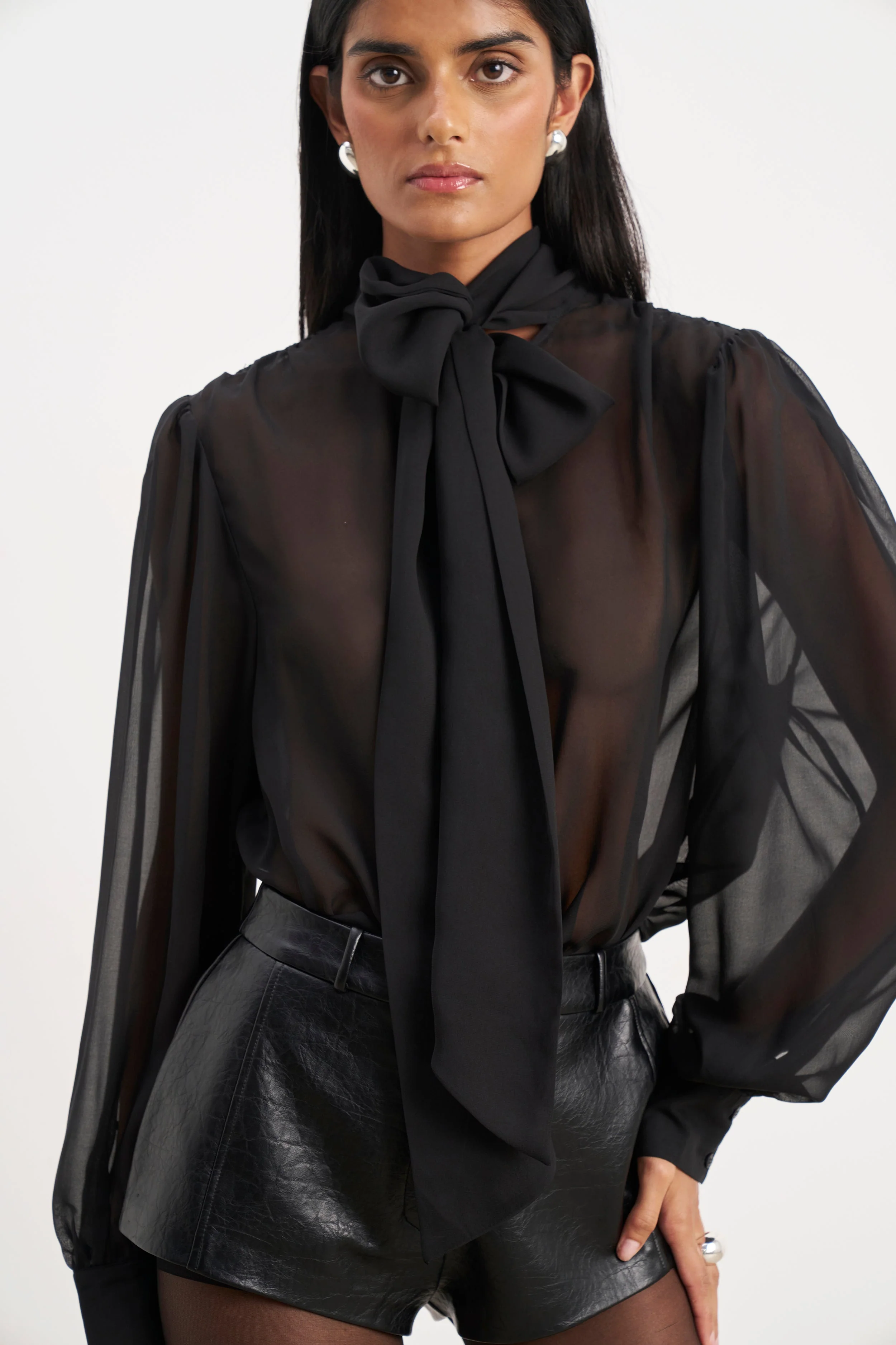 Sheer Chiffon Tie Neck Blouse - Black - Image 5